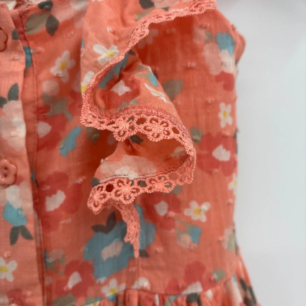 btween Girls Peach Floral Swiss Dot Ruffle Button Front‎ Tiered Dress Size 5